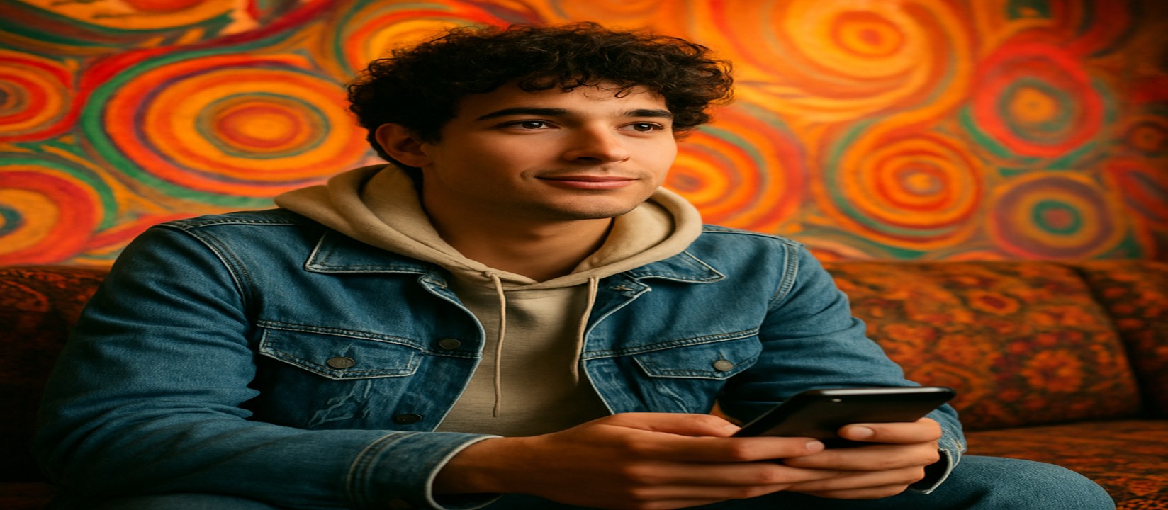 একজন ব্যক্তি সোফায় বসে স্মার্টফোনে good111 অ্যাপ চালাচ্ছেন