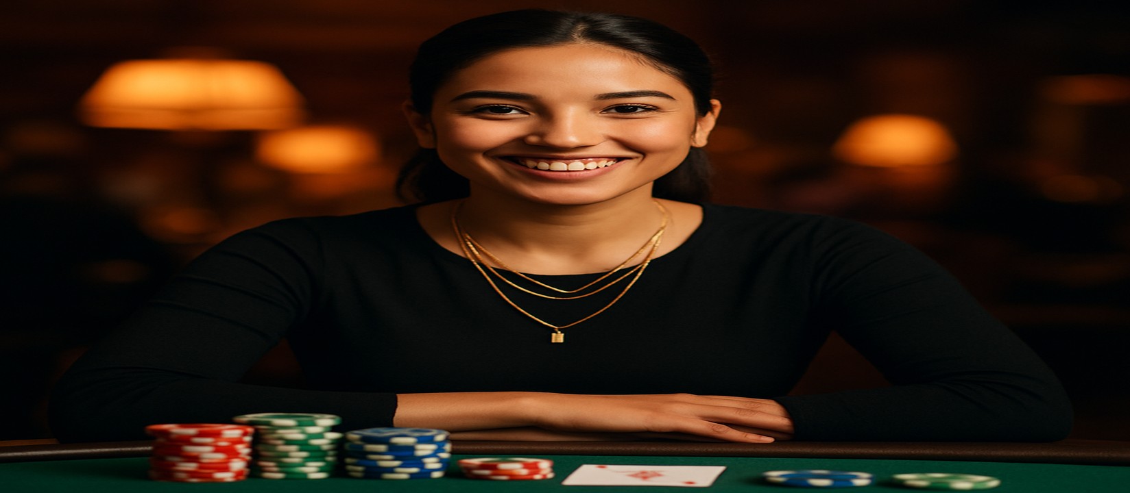 একটি হাসিখুশি নারী খেলার প্ল্যাটফর্মের কার্ড টেবলে বসে সামনে চিপস ও কার্ড নিয়ে বিস্তৃত খেলার নির্বাচন উপস্থাপন করেন, good111