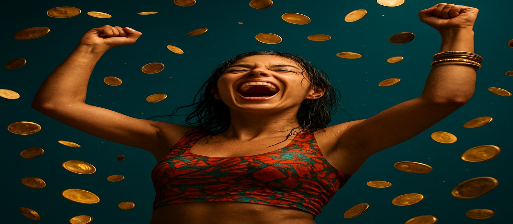 মুদ্রার ঝরনার মাঝে রঙিন পোশাকে এক নারী, good111